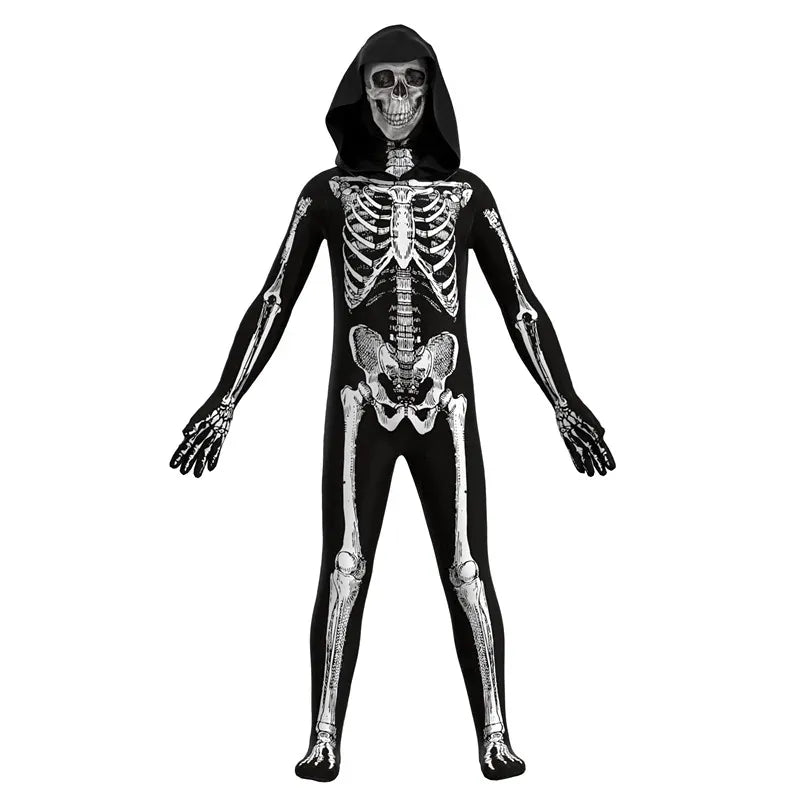 KissICON Kid / 110 Halloween Skull Costume enfant Unisex Terror Dress Up Hooded Game Cosplay Holiday Stage Performance Gift Outfits