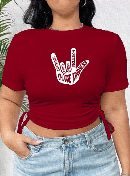 jkthpu-45 Kindness Peace Crop Top Trendy Red Plus Size Tee