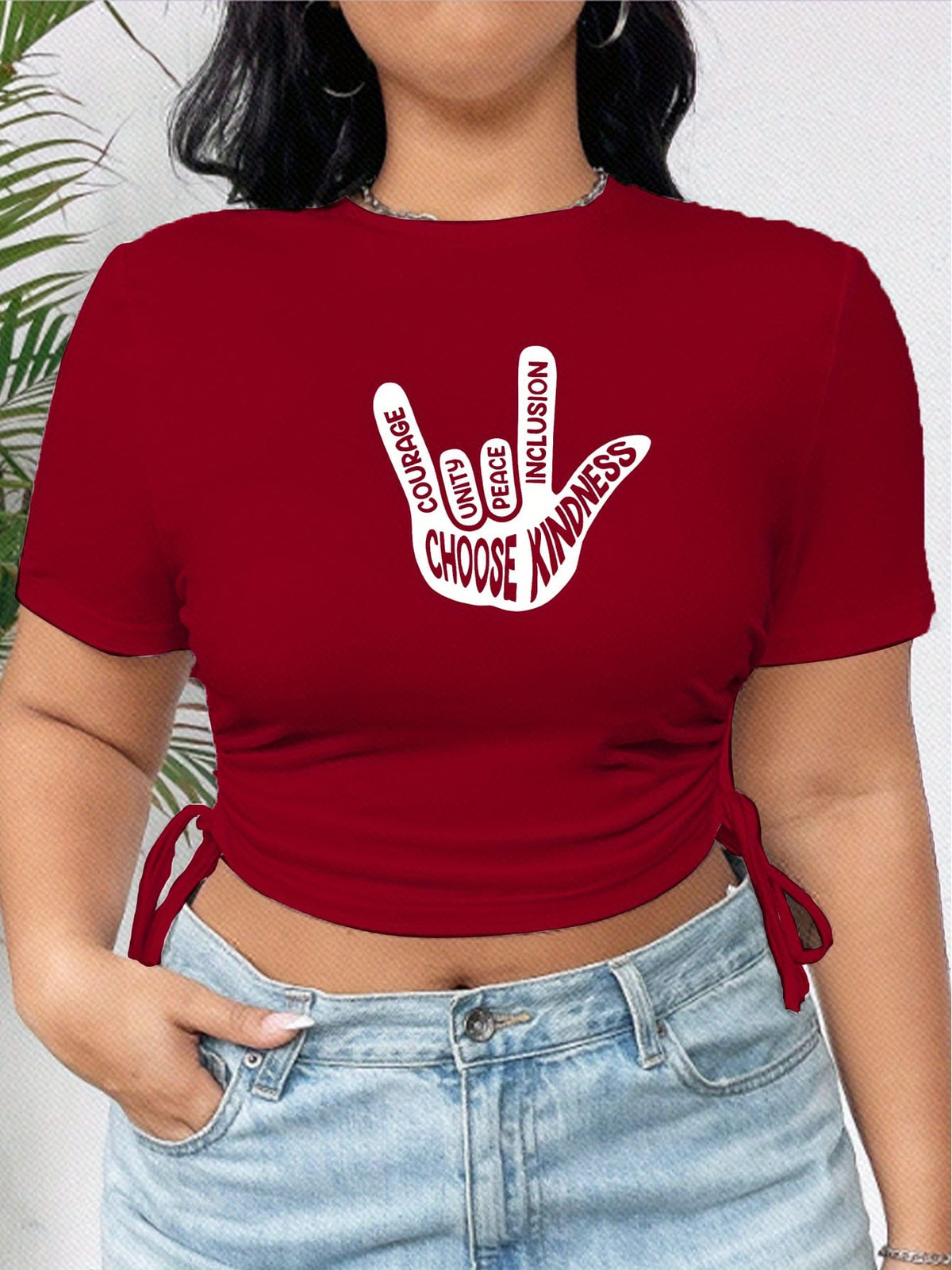 jkthpu-45 Kindness Peace Crop Top Trendy Red Plus Size Tee