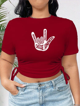jkthpu-45 Kindness Peace Crop Top Trendy Red Plus Size Tee