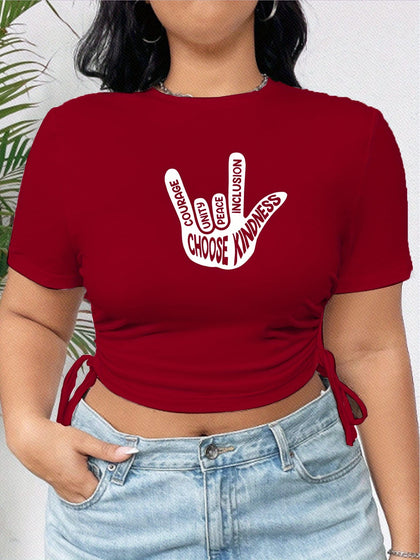 jkthpu-45 Kindness Peace Crop Top Trendy Red Plus Size Tee