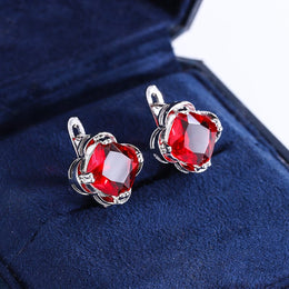 KissICON KISS0113-E KissIcon 925 Silver Clover Stud Earrings - Red Zircon Gift.