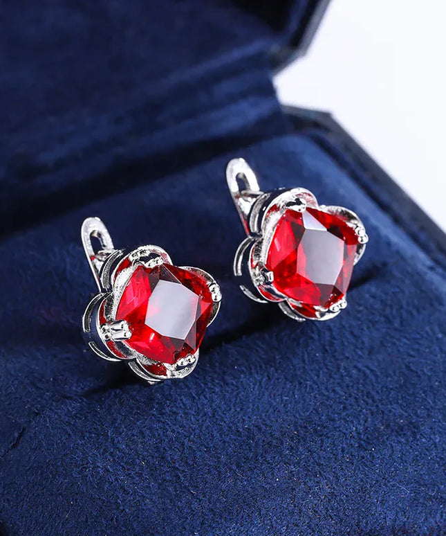 KissICON KISS0113-E KissIcon 925 Silver Clover Stud Earrings - Red Zircon Gift.