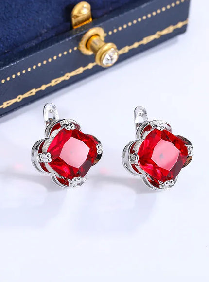 KissICON KISS0113-E KissIcon 925 Silver Clover Stud Earrings - Red Zircon Gift.