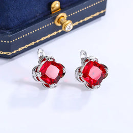 KissICON KISS0113-E KissIcon 925 Silver Clover Stud Earrings - Red Zircon Gift.