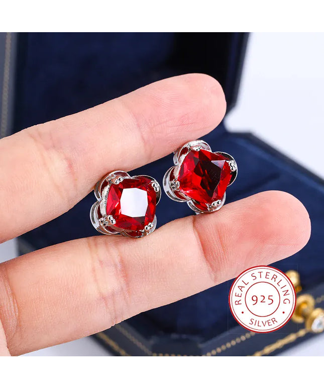 KissICON KISS0113-E KissIcon 925 Silver Clover Stud Earrings - Red Zircon Gift.