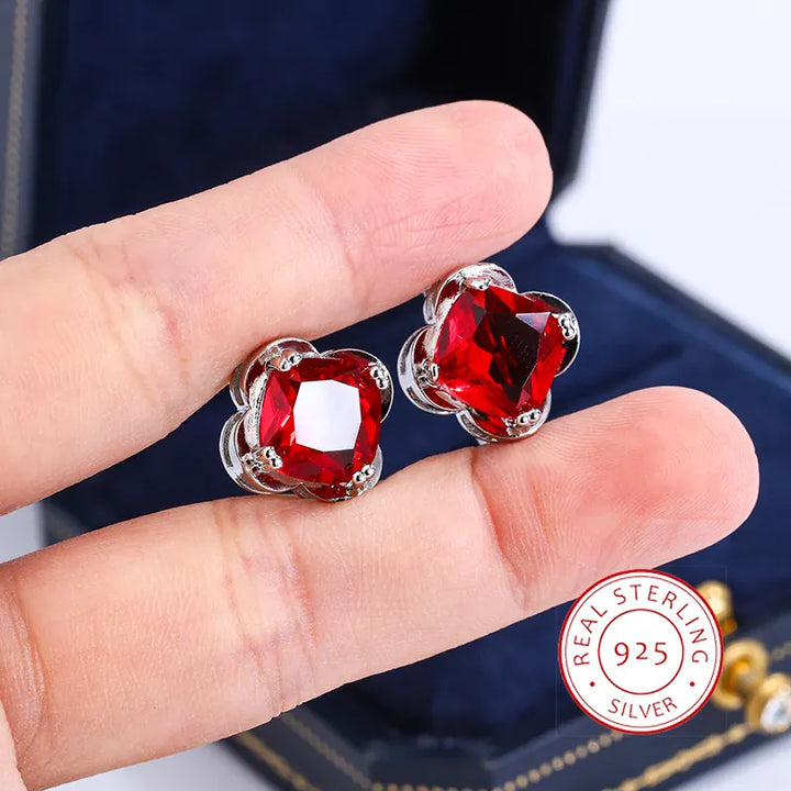 KissIcon 925 Silver Clover Stud Earrings - Red Zircon Gift.