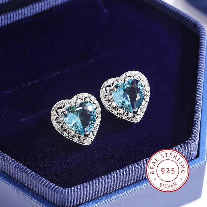 KissIcon 925 Silver Plated Heart Earrings - Blue Zircon