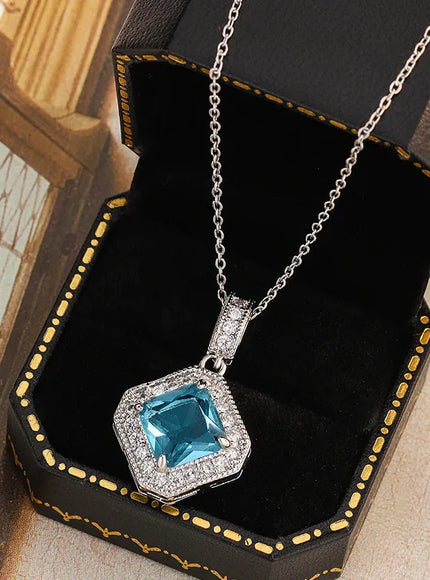 KissICON KISS0133-N Geometric Blue CZ Necklace - 925 Silver Plated Pendant