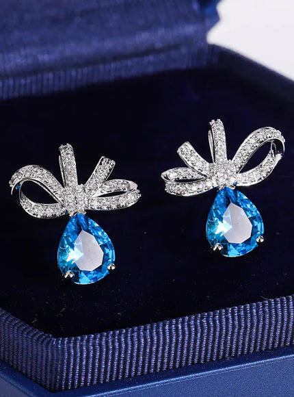KissICON KISS0142-E KissIcon Exquisite Blue Zircon Bow Earrings Silver Plated