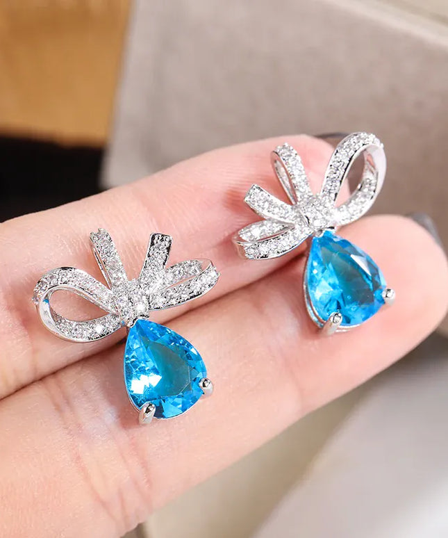KissICON KISS0142-E KissIcon Exquisite Blue Zircon Bow Earrings Silver Plated