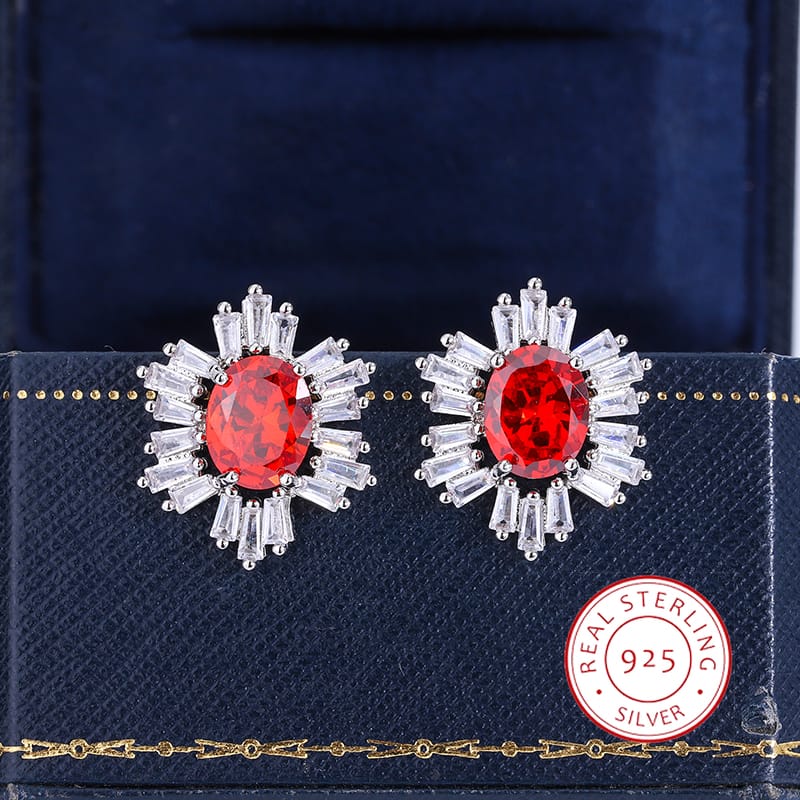 KissICON KISS082-E Beautiful 925 Silver Plated Stud Earrings for Women Fashion Red Zircon Jewelry Sparkling Party Earrings High Class Accessories