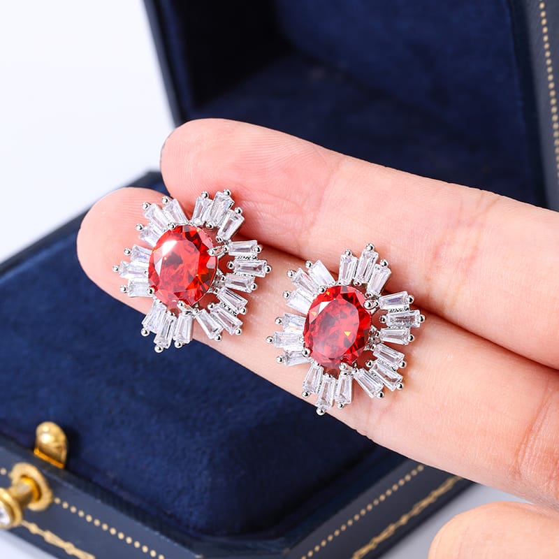 KissICON KISS082-E Beautiful 925 Silver Plated Stud Earrings for Women Fashion Red Zircon Jewelry Sparkling Party Earrings High Class Accessories