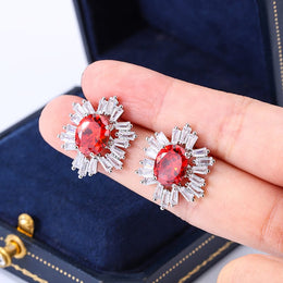 KissICON KISS082-E Beautiful 925 Silver Plated Stud Earrings for Women Fashion Red Zircon Jewelry Sparkling Party Earrings High Class Accessories