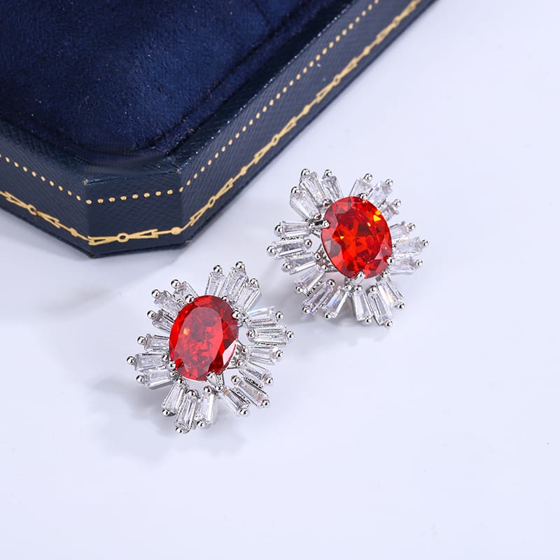 KissICON KISS082-E Beautiful 925 Silver Plated Stud Earrings for Women Fashion Red Zircon Jewelry Sparkling Party Earrings High Class Accessories