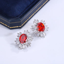 KissICON KISS082-E Beautiful 925 Silver Plated Stud Earrings for Women Fashion Red Zircon Jewelry Sparkling Party Earrings High Class Accessories
