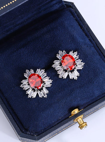 KissICON KISS082-E Beautiful 925 Silver Plated Stud Earrings for Women Fashion Red Zircon Jewelry Sparkling Party Earrings High Class Accessories
