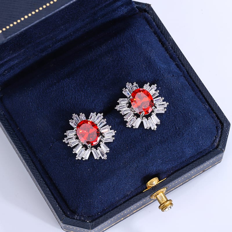 KissICON KISS082-E Beautiful 925 Silver Plated Stud Earrings for Women Fashion Red Zircon Jewelry Sparkling Party Earrings High Class Accessories