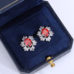 KissICON KISS082-E Beautiful 925 Silver Plated Stud Earrings for Women Fashion Red Zircon Jewelry Sparkling Party Earrings High Class Accessories