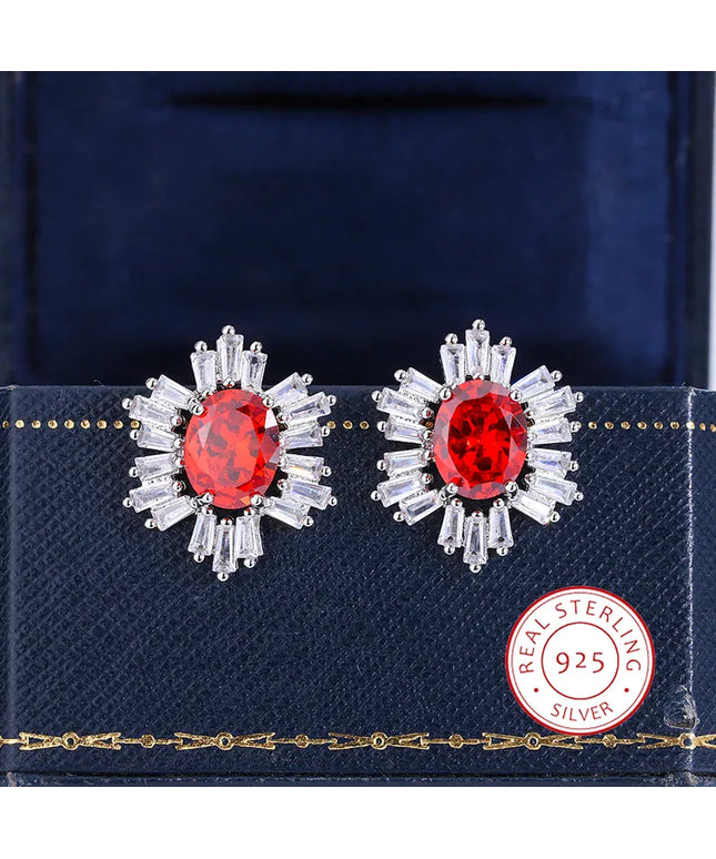 KissICON KISS082-E Beautiful 925 Silver Plated Stud Earrings for Women Fashion Red Zircon Jewelry Sparkling Party Earrings High Class Accessories