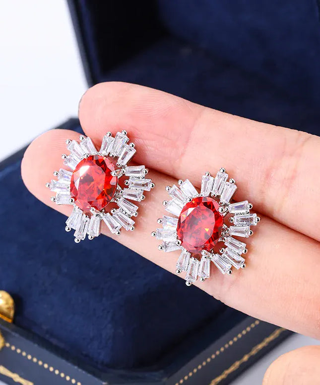 KissICON KISS082-E Beautiful 925 Silver Plated Stud Earrings for Women Fashion Red Zircon Jewelry Sparkling Party Earrings High Class Accessories