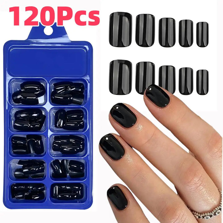 KissIcon 120Pcs Glossy Black Full Cover Reusable Nails