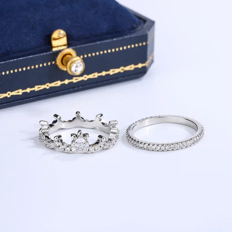 Dropshipman KissIcon 2pc Luxury Crown Wedding Ring Brides - Sparkling CZ