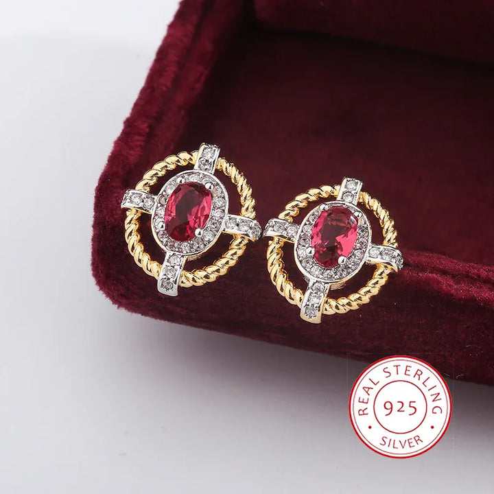 KissIcon 925 Silver Oval Red Zircon Earrings - Lightweight