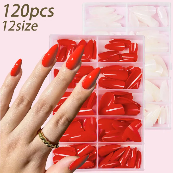 KissIcon Almond Nails Set - Red White Glossy