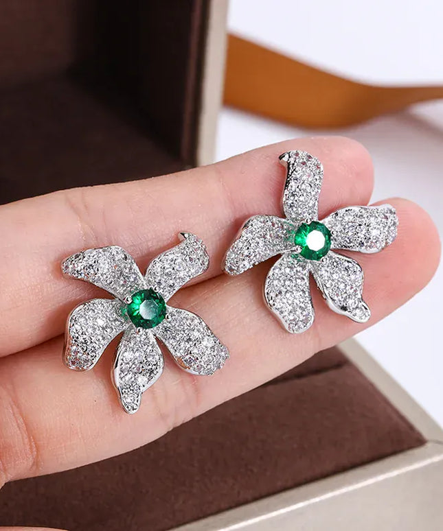 KissICON KissIcon Beautiful 925 Silver Earrings - Green Zircon Flower