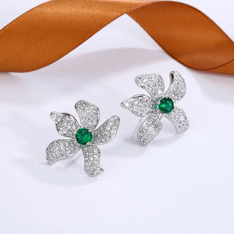 KissICON KissIcon Beautiful 925 Silver Earrings - Green Zircon Flower