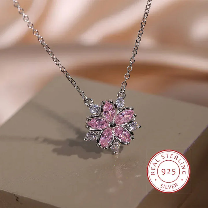 KissIcon Cherry Blossom Pendant Necklace Pink Zircon Shine