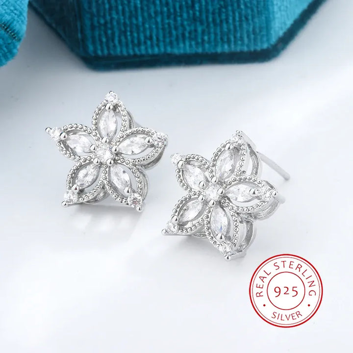 KissIcon Exquisite 925 Silver Flower Earrings - Zircon Glow