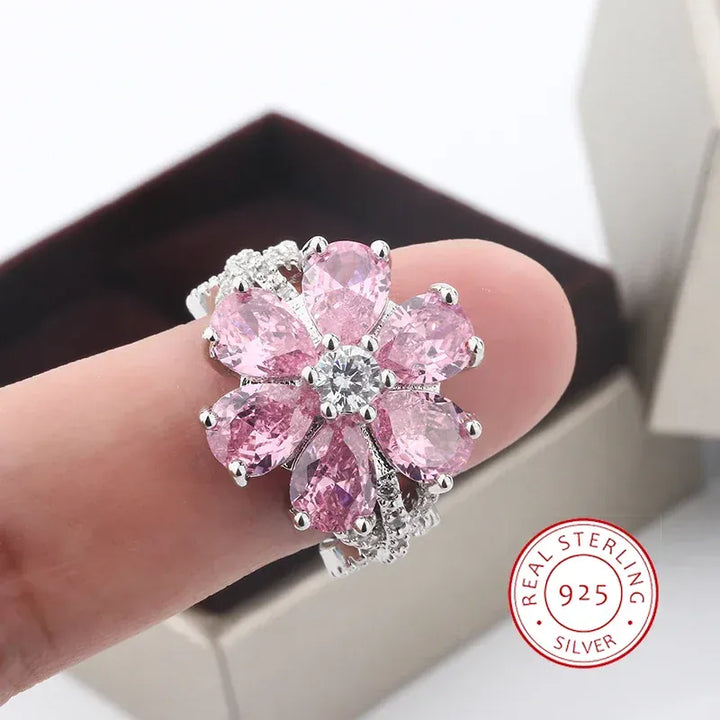 KissIcon Exquisite Zircon Ring 925 Silver - Pink Flowers
