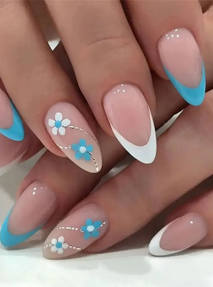 KissICON KissIcon Flower Almond False Nails Blue White -