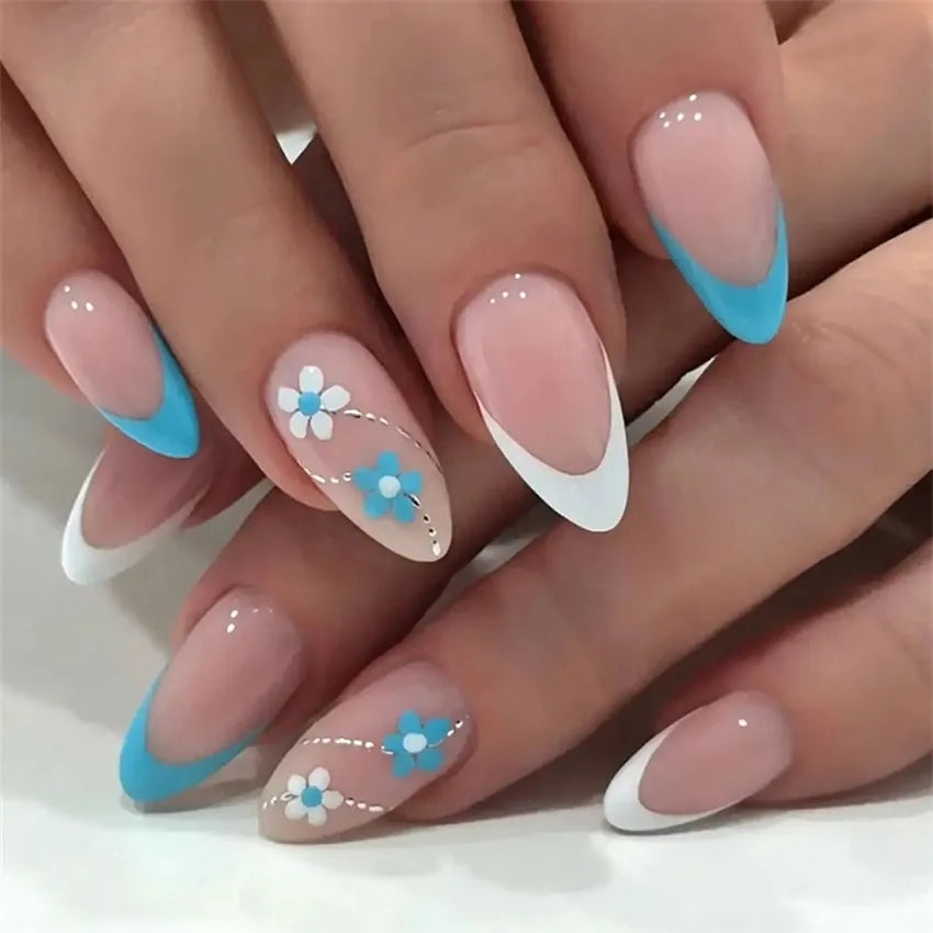 KissICON KissIcon Flower Almond False Nails Blue White -