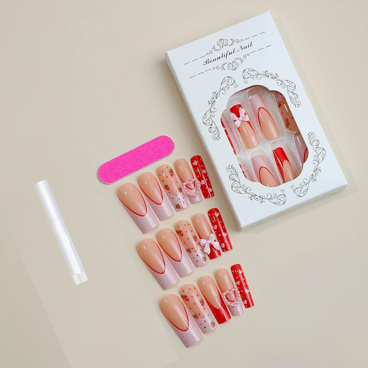 KissICON KissIcon Long Square Press On Nails Pink Red