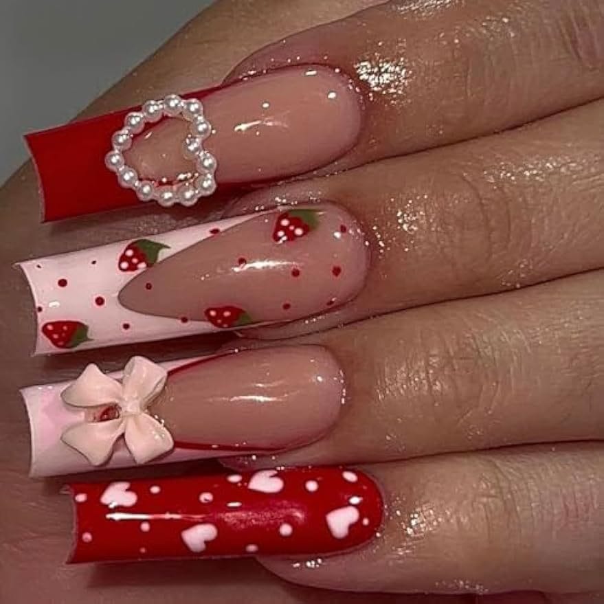 KissICON KissIcon Long Square Press On Nails Pink Red