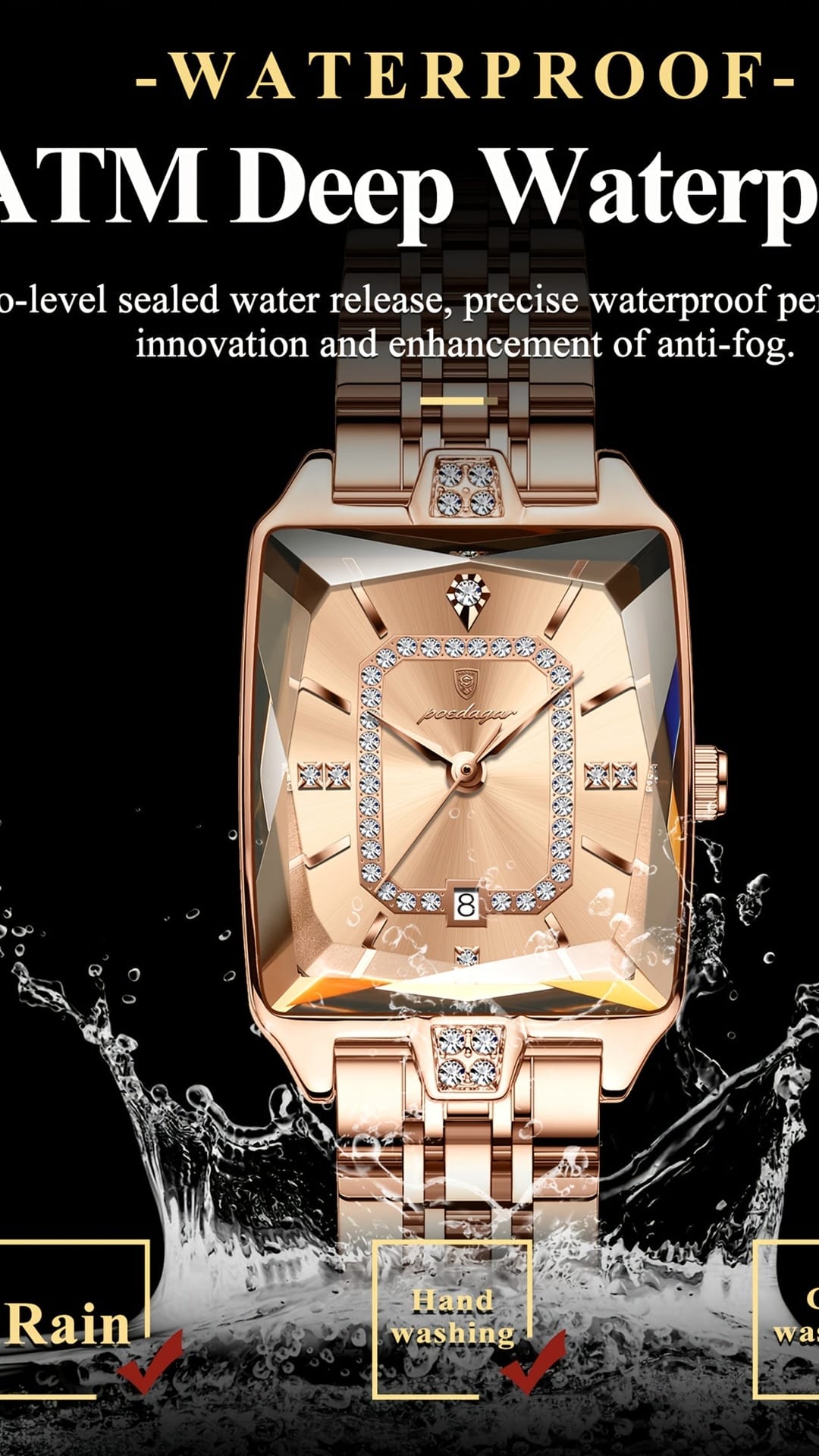 jkthpu-45 KissIcon Luxury Gold Hand Square Watch Chronograph