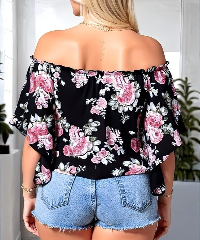 KissICON Kissicon Plus Size Floral Ruffle Off-Shoulder Top