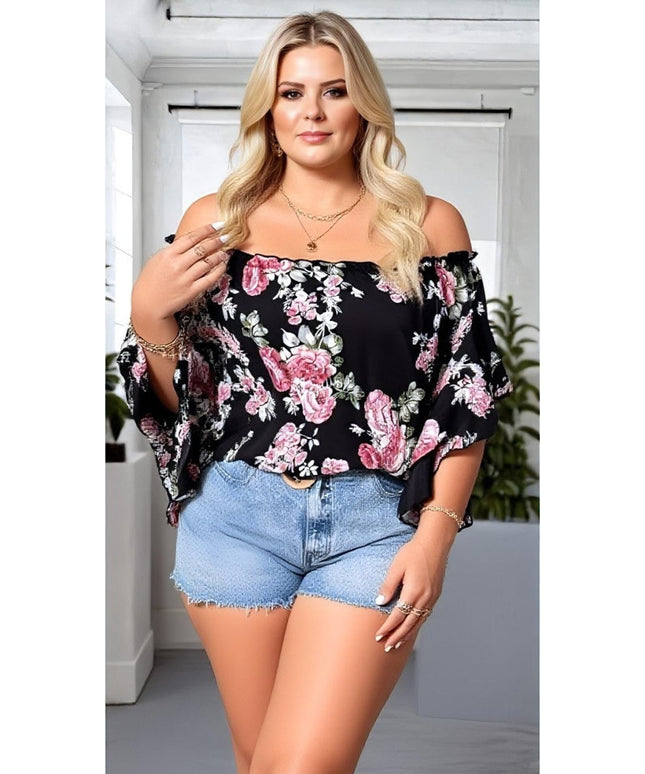 KissICON Kissicon Plus Size Floral Ruffle Off-Shoulder Top