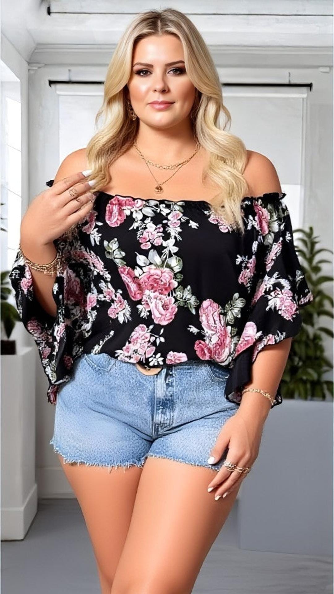 KissICON Kissicon Plus Size Floral Ruffle Off-Shoulder Top