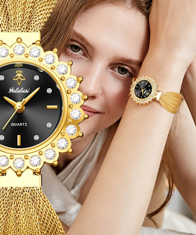 jkthpu-45 KissIcon Retro Skeleton Watch Gold Dial Black Strap - Chic