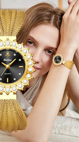 jkthpu-45 KissIcon Retro Skeleton Watch Gold Dial Black Strap - Chic