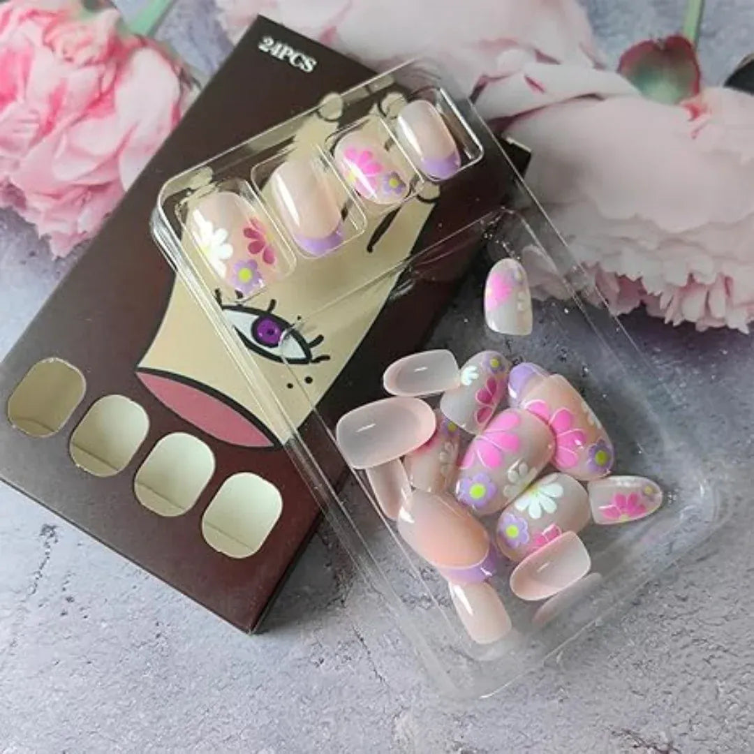 KissICON KissIcon Short Almond Press-On Nails Floral Tip -