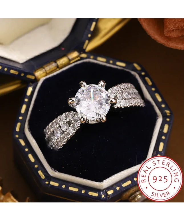 Dropshipman KissIcon Silver Plated Ring For Women 6 Prong Zircon Shine