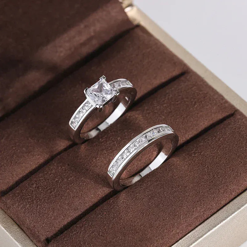 Dropshipman KissIcon Sterling Silver Zircon Ring Set - Double Row Shine