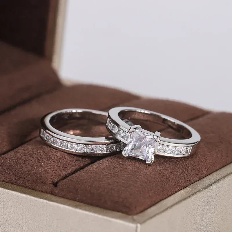 Dropshipman KissIcon Sterling Silver Zircon Ring Set - Double Row Shine