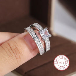 Dropshipman KissIcon Sterling Silver Zircon Ring Set - Double Row Shine