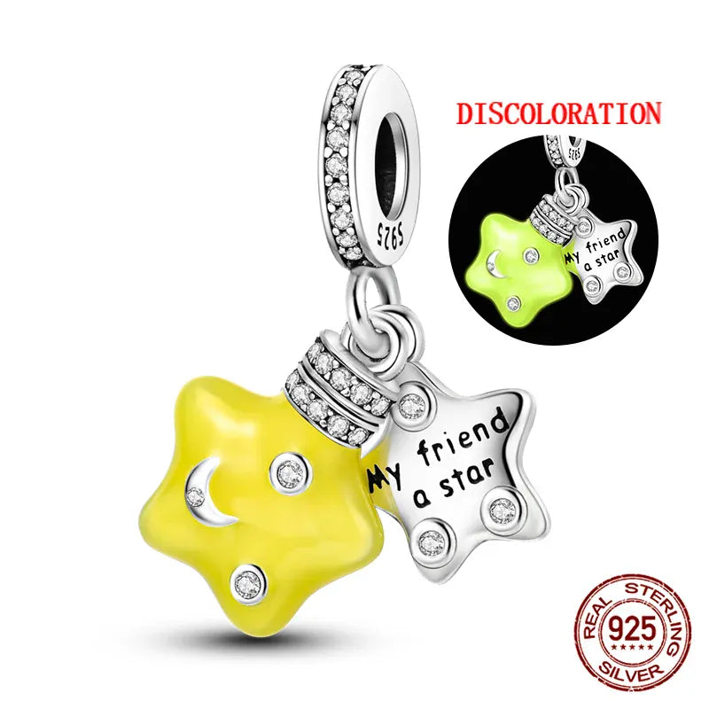 KissICON KJC832 Luminous 925 Sterling Silver Hot Selling Stars And Moon Charms Fit 925 Original Bracelets DIY Jewelry Making For Women Gift
